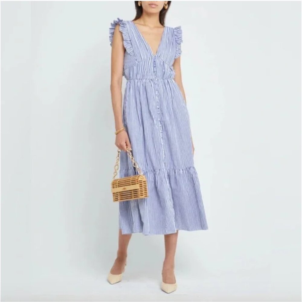 O.P.T. Stella Blue and White Stripped Tiered Ruffle Midi Dress, Seersucker, Size